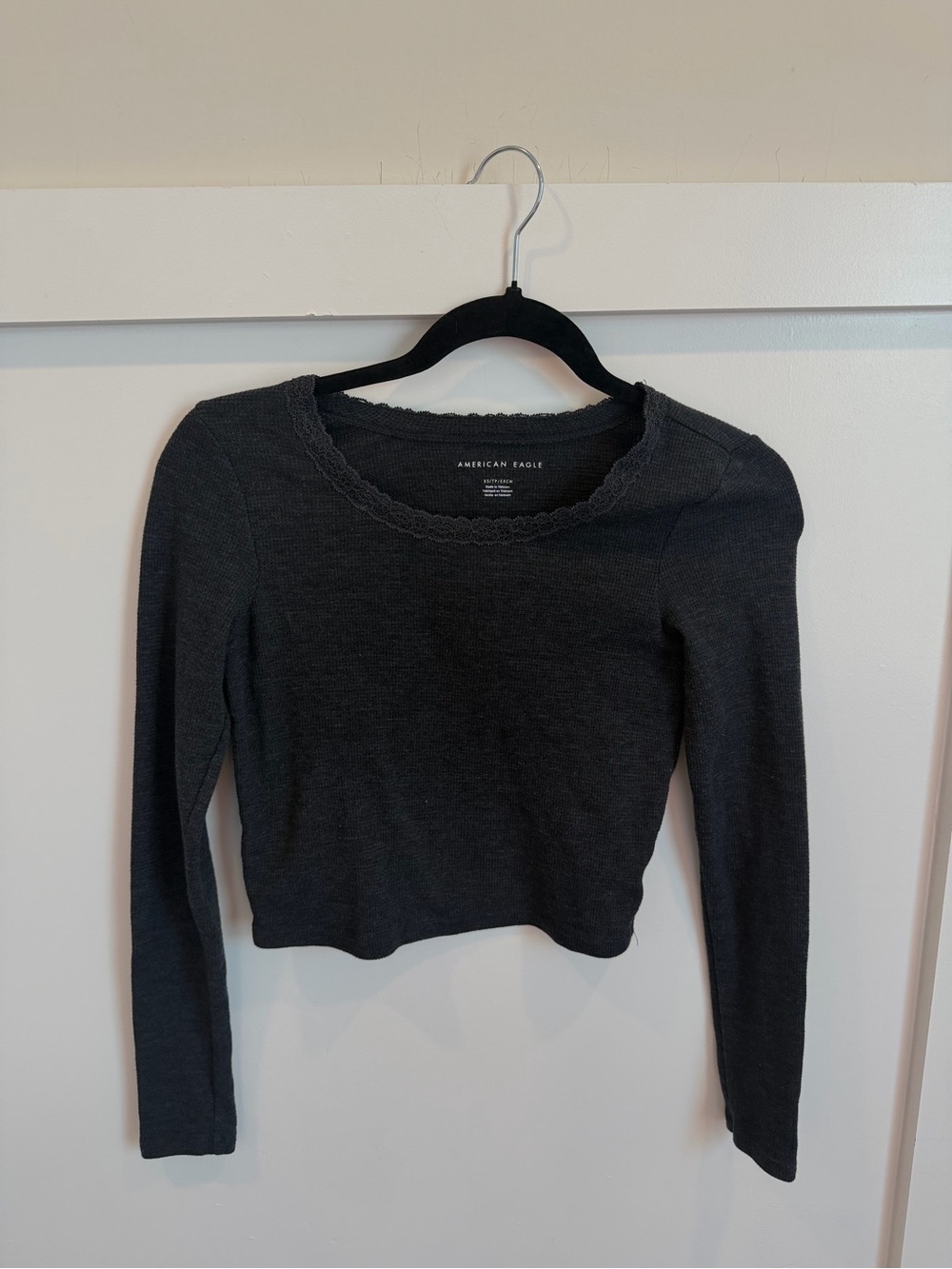 American Eagle Outfitters Dark Gray Ribbed Long-Sleeve Crop Top